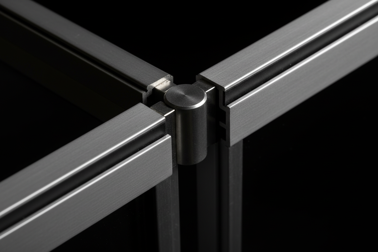 Close-up of thermal-strut aluminum corner joint at top rail where La Cantina bi-fold hinge knuckle meets Blomberg T450N-matched mullion profile