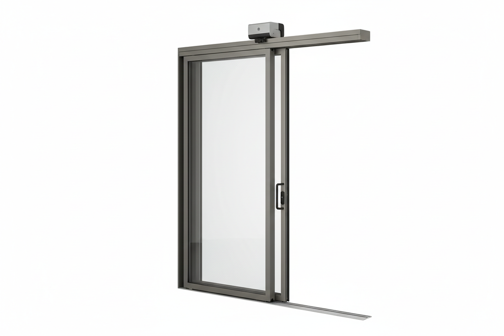 SLD slim-line aluminum door panel open at 90 degrees on white background showing 1.25-inch structurally glazed stile, flush sill cover, and motorized operator housing