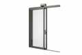 SLD slim-line aluminum door panel open at 90 degrees on white background showing 1.25-inch structurally glazed stile, flush sill cover, and motorized operator housing