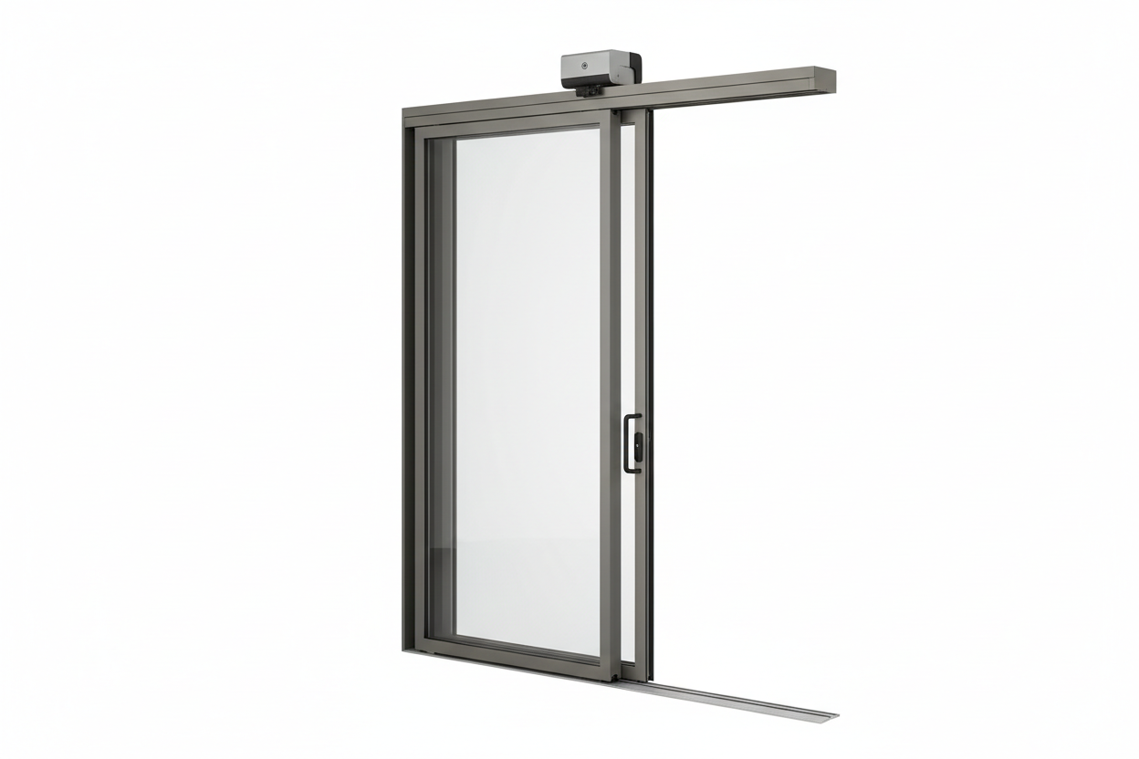 SLD slim-line aluminum door panel open at 90 degrees on white background showing 1.25-inch structurally glazed stile, flush sill cover, and motorized operator housing