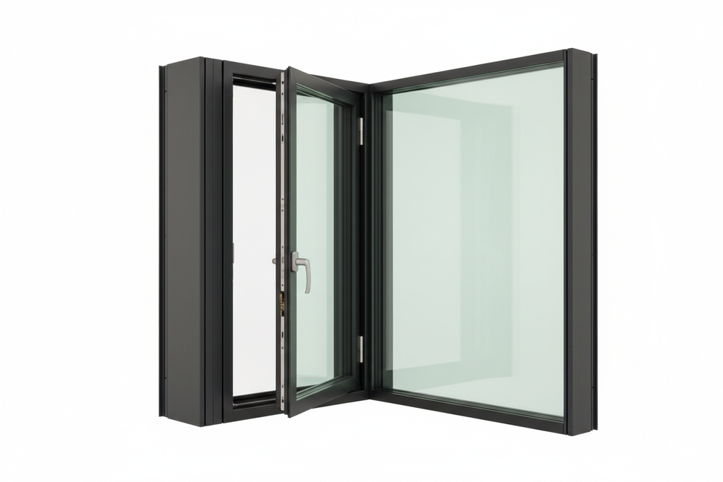 T450N thermally-broken aluminum window-wall corner assembly with tilt-turn sash open at tilt position, showing 5/8-inch sightline profile and multi-point locking mechanism on white background