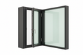 T450N thermally-broken aluminum window-wall corner assembly with tilt-turn sash open at tilt position, showing 5/8-inch sightline profile and multi-point locking mechanism on white background