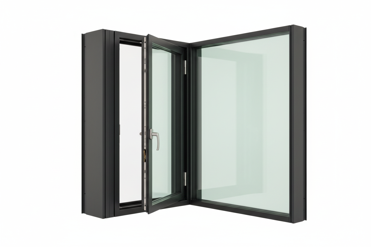 T450N thermally-broken aluminum window-wall corner assembly with tilt-turn sash open at tilt position, showing 5/8-inch sightline profile and multi-point locking mechanism on white background