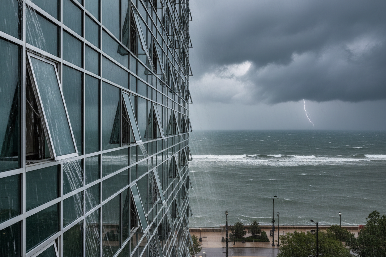 T600N awning windows open on upper-floor facade of Chicago lakeshore high-rise during rainstorm shedding water away from curtain-wall with dramatic Lake Michigan stormy skyline