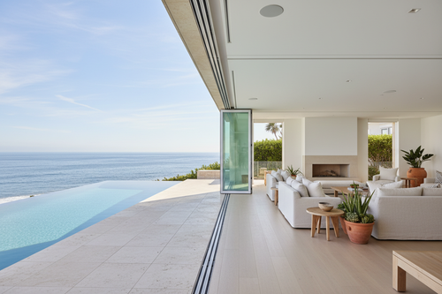LCD bi-fold glass wall fully folded open at Malibu beachfront estate onto Pacific-facing infinity pool deck with luxury outdoor lounge furniture and ocean horizon at midday
