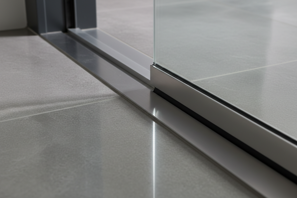 Close-up of SLD flush sill threshold where aluminum sill extrusion meets interior floor finish at zero elevation change, showing ADA-compliant flush condition and compression weather seal