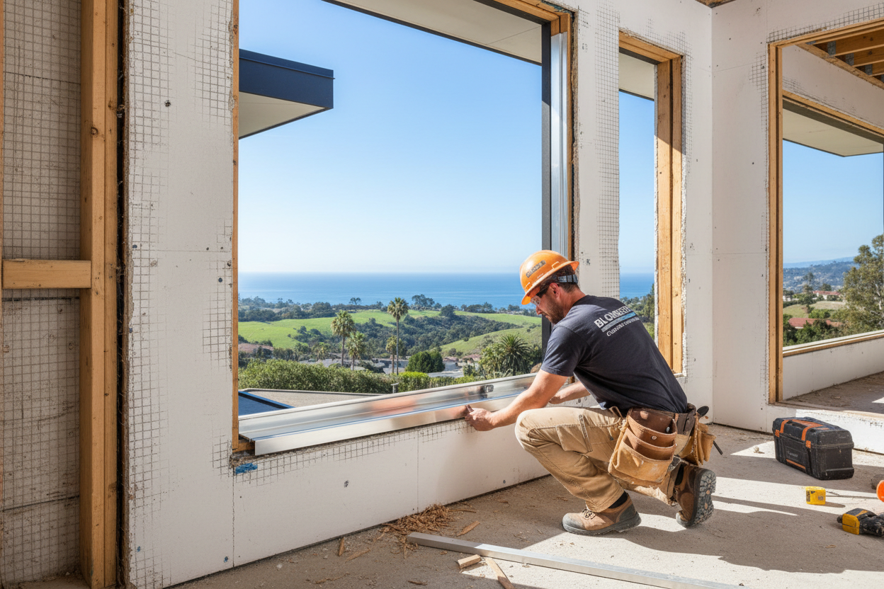 Blomberg-certified glazing contractor installing thermally-broken aluminum sill extrusion into first-floor T450N rough opening at luxury Santa Barbara modern residential construction site with Pacific coastal landscape